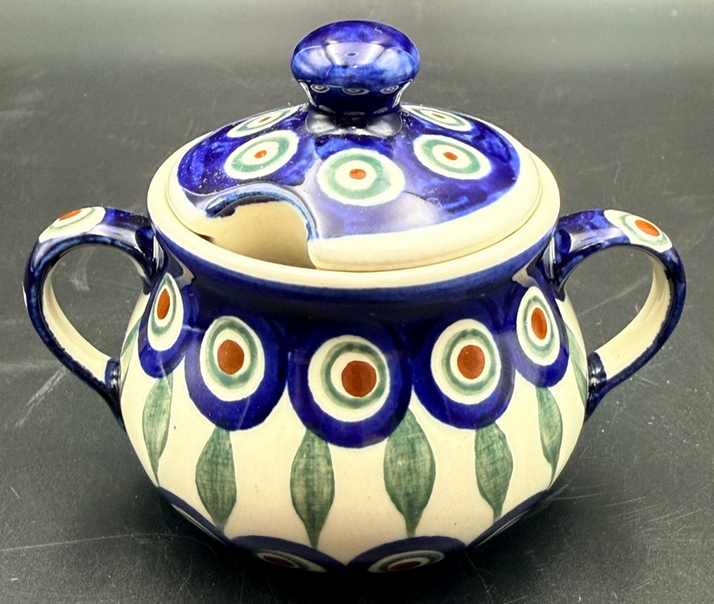 Boleslawiec Polish Pottery Cobalt Blue Green 2 Handle Peacock Sugar Bowl w/ Lid